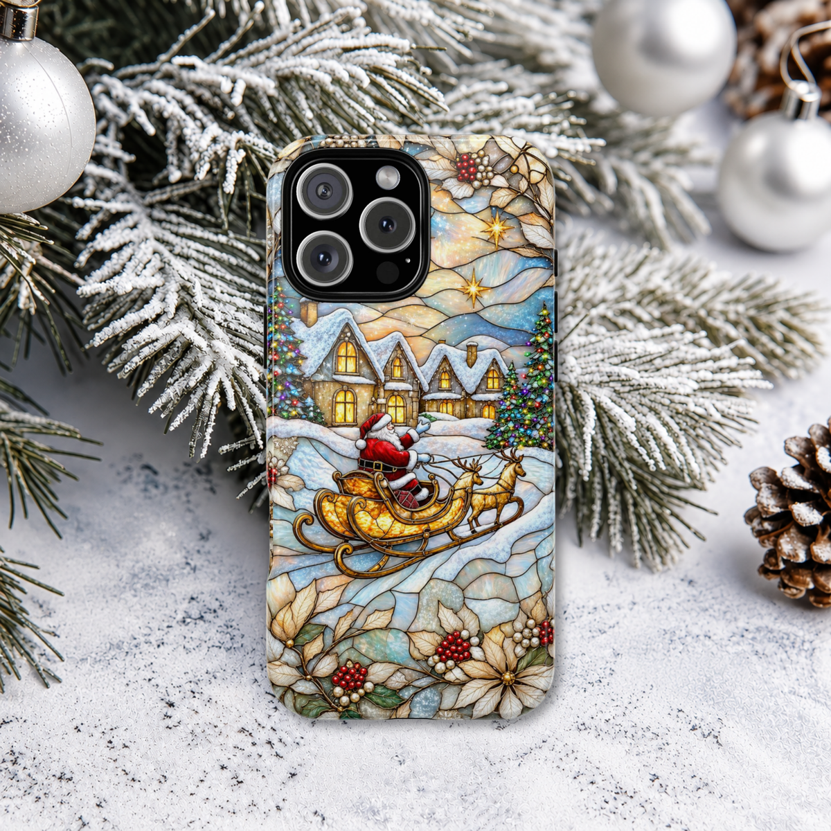 Christmas Santa Stained Glass Phone Case | Santa Claus Winter Village Design for iPhone & Samsung